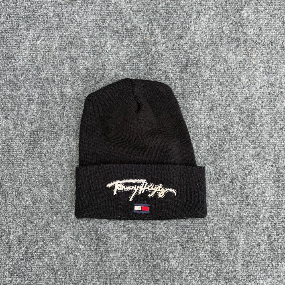 VTG Tommy Hilfiger Signature Cuffed Beanie Black Knit Hat 90s